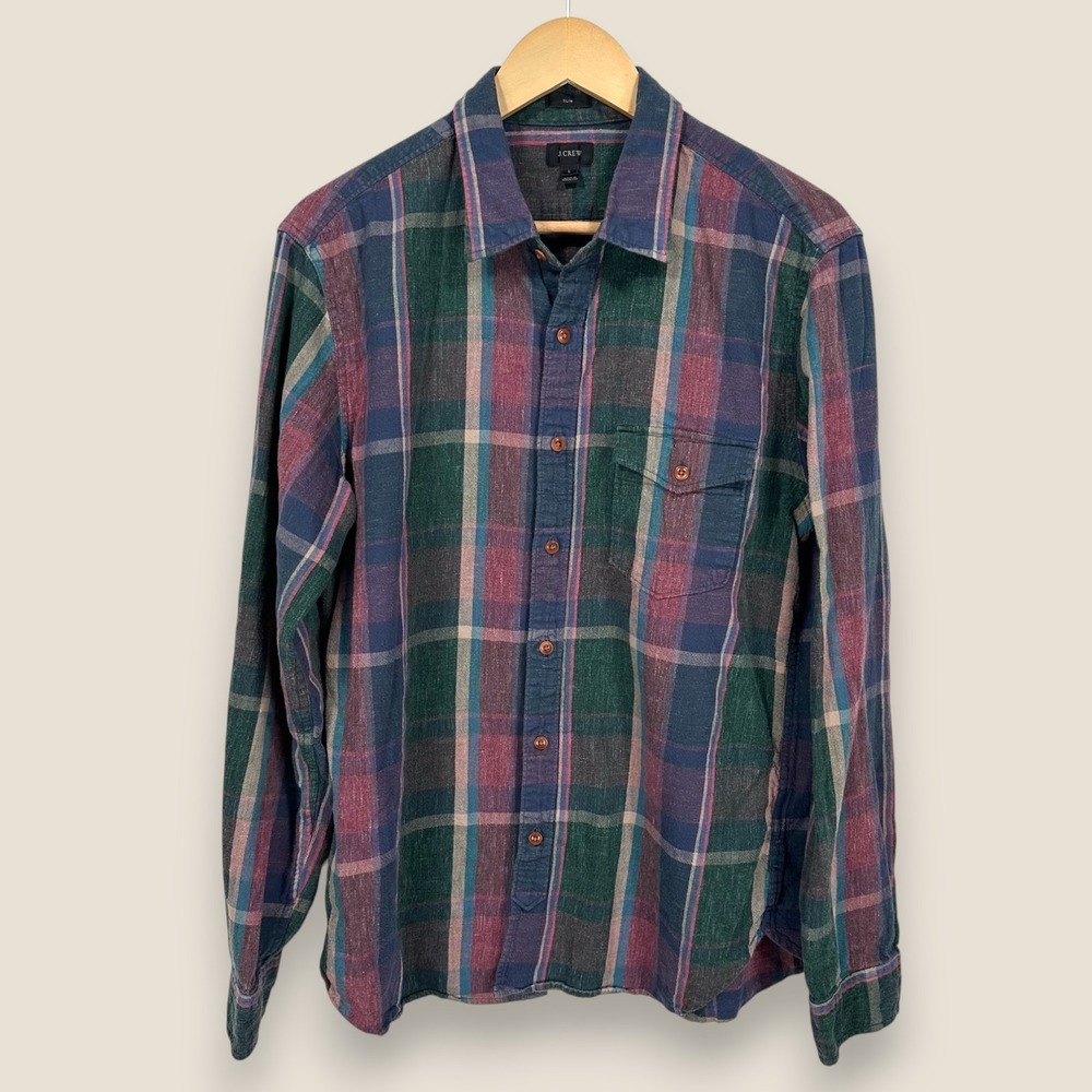 J. Crew Slim Fit Long Sleeve Button Down Shirt Men Large Green Pink Plaid
